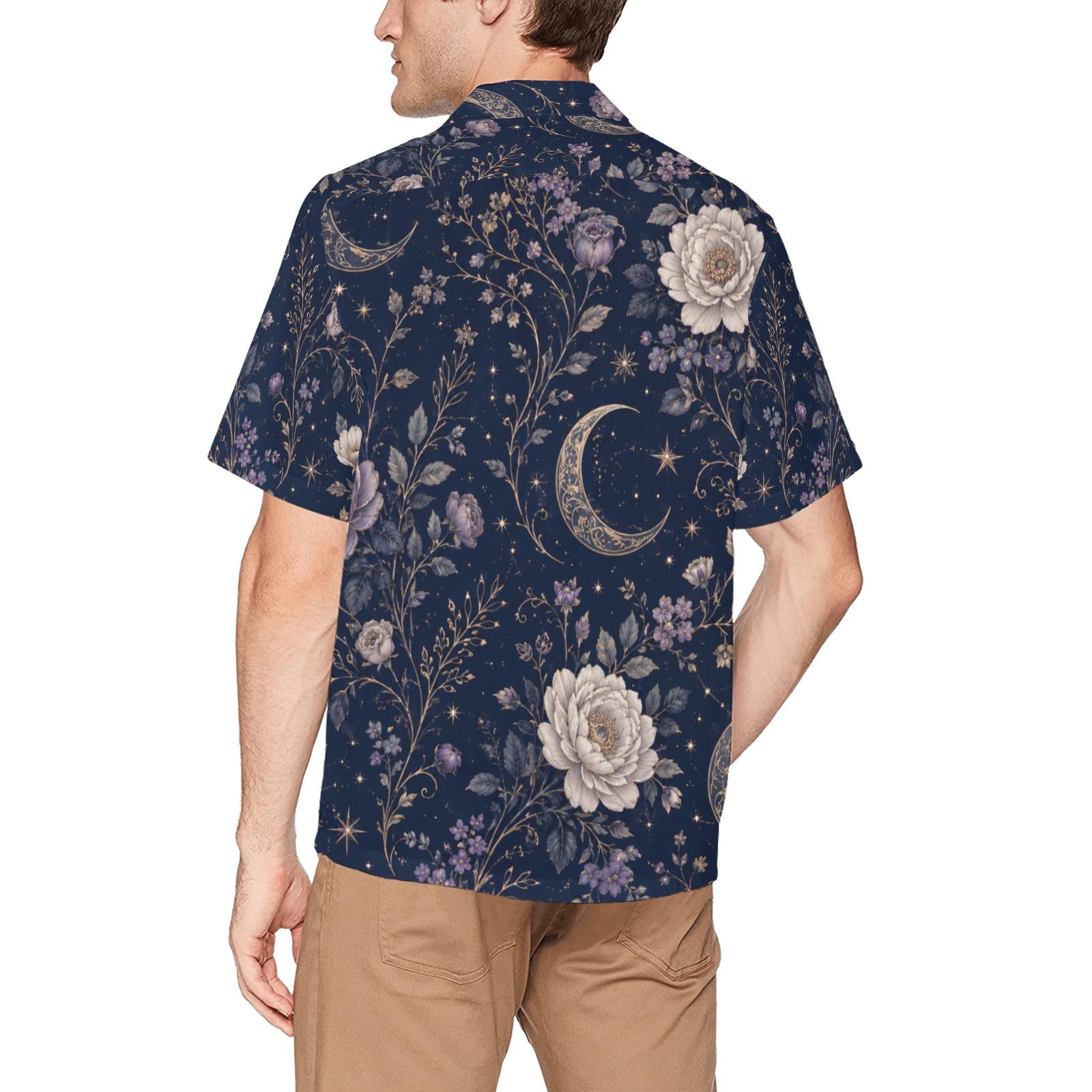 Men’s Celestial Floral Hawaiian Shirt, Navy Camp Collar Resort Button Up – image 11
