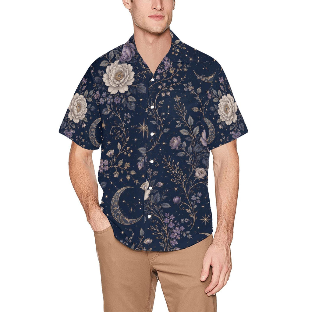 Men’s Celestial Floral Hawaiian Shirt, Navy Camp Collar Resort Button Up – image 12