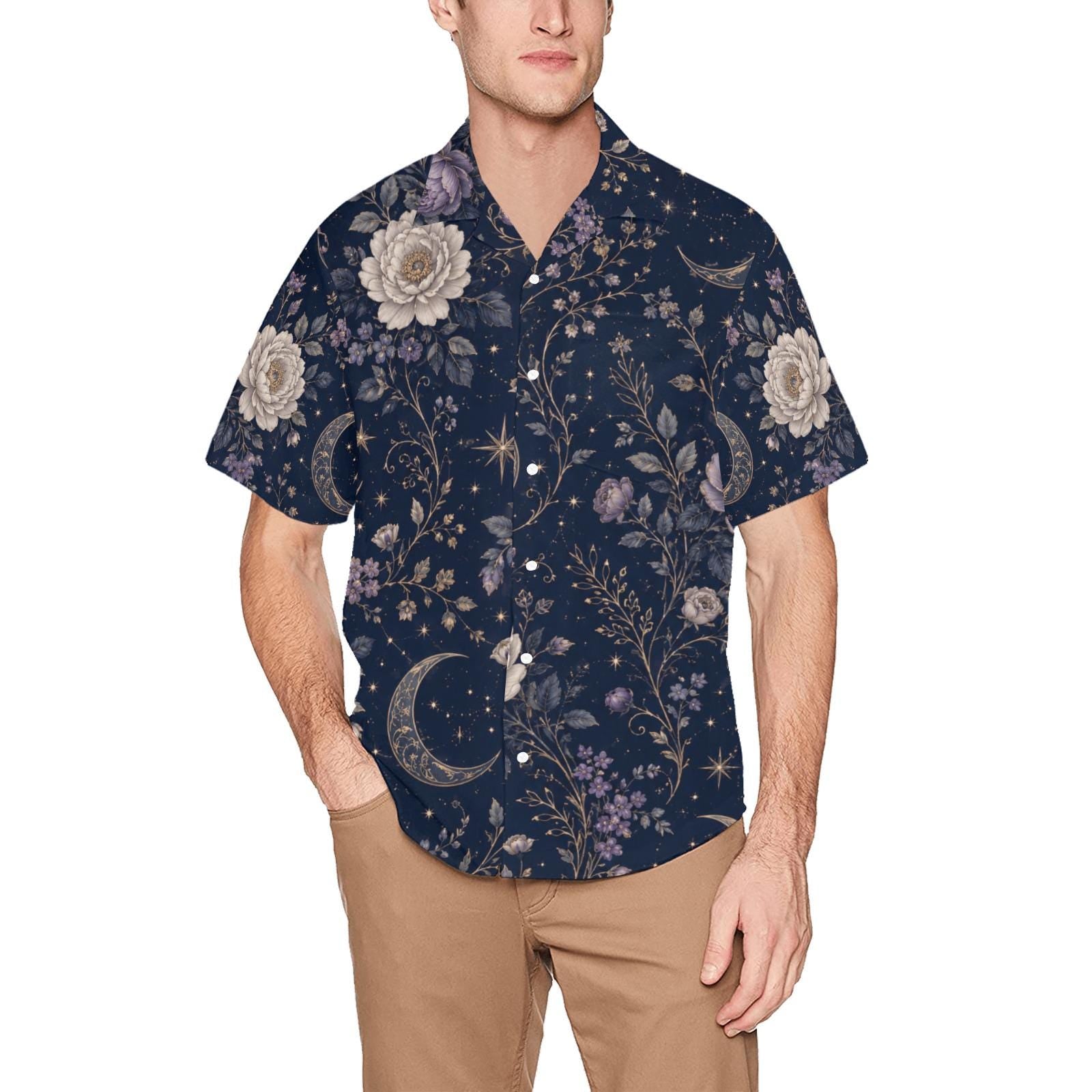 Men’s Celestial Floral Hawaiian Shirt, Navy Camp Collar Resort Button Up – image 12