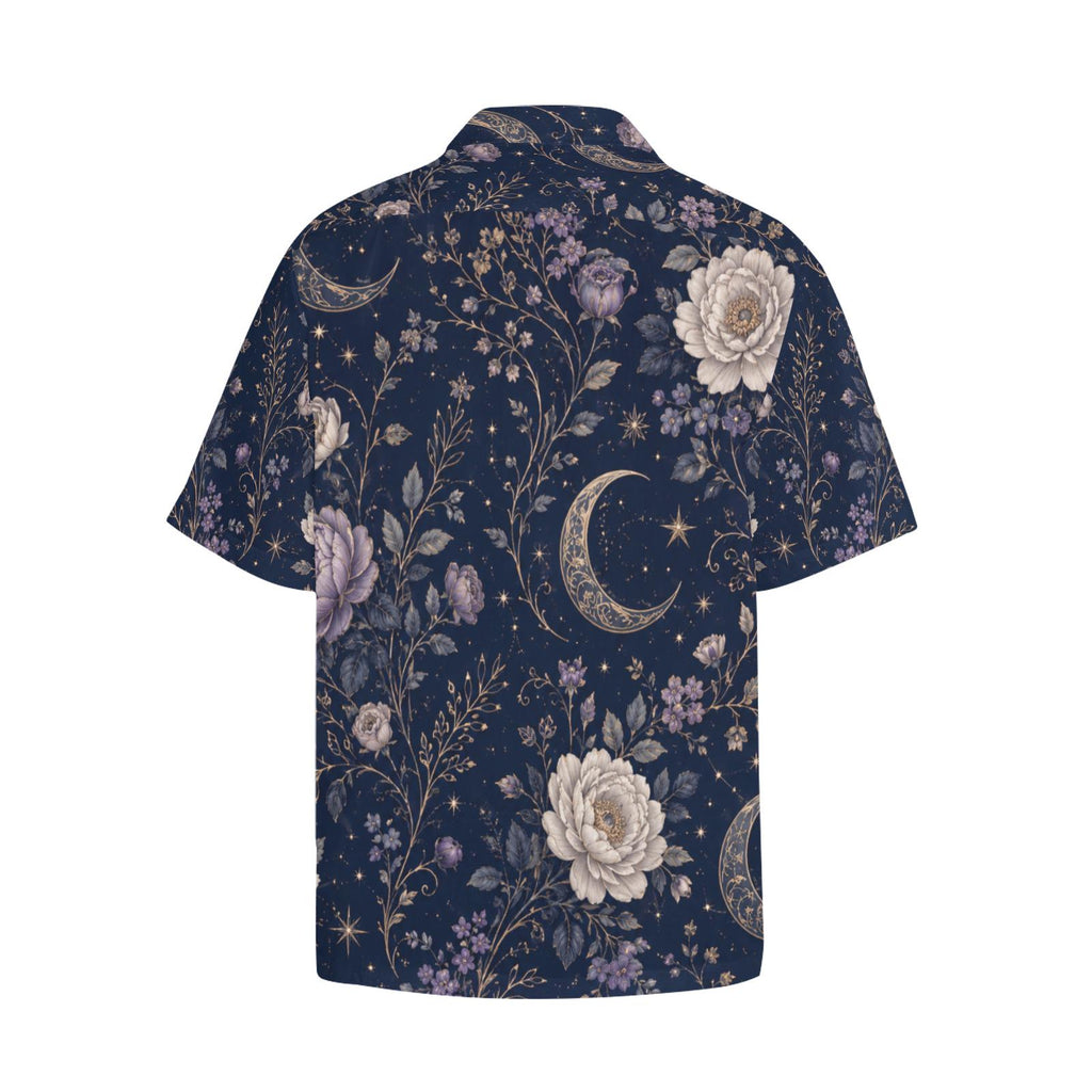 Men’s Celestial Floral Hawaiian Shirt, Navy Camp Collar Resort Button Up – image 13