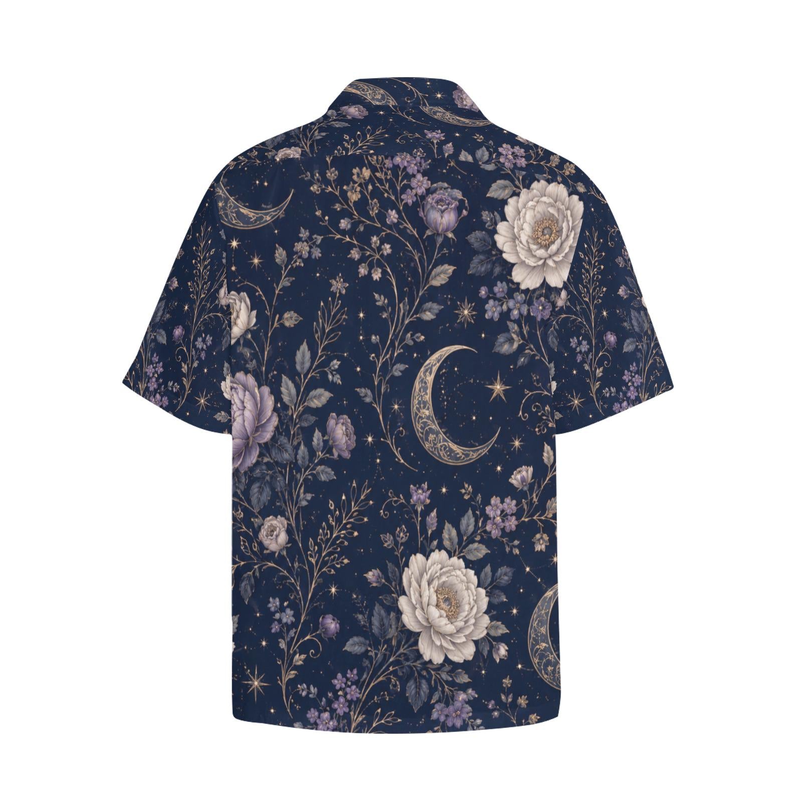 Men’s Celestial Floral Hawaiian Shirt, Navy Camp Collar Resort Button Up – image 13