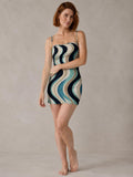 Navy Teal Retro Wave Mini Dress, Spaghetti Strap Bodycon Fit – image 1