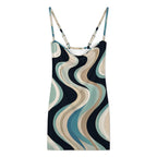 Navy Teal Retro Wave Mini Dress, Spaghetti Strap Bodycon Fit – image 11