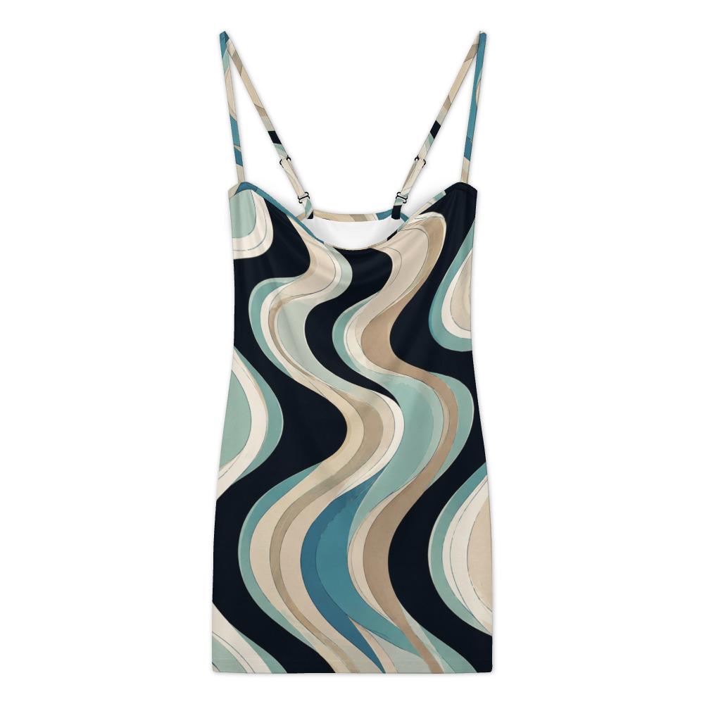 Navy Teal Retro Wave Mini Dress, Spaghetti Strap Bodycon Fit – image 11