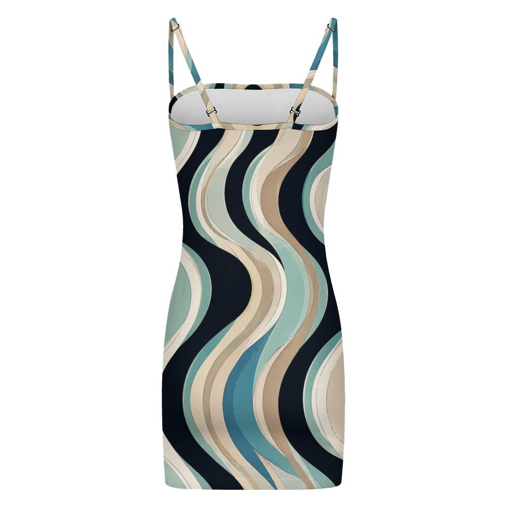 Navy Teal Retro Wave Mini Dress, Spaghetti Strap Bodycon Fit – image 12