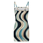 Navy Teal Retro Wave Mini Dress, Spaghetti Strap Bodycon Fit – image 12