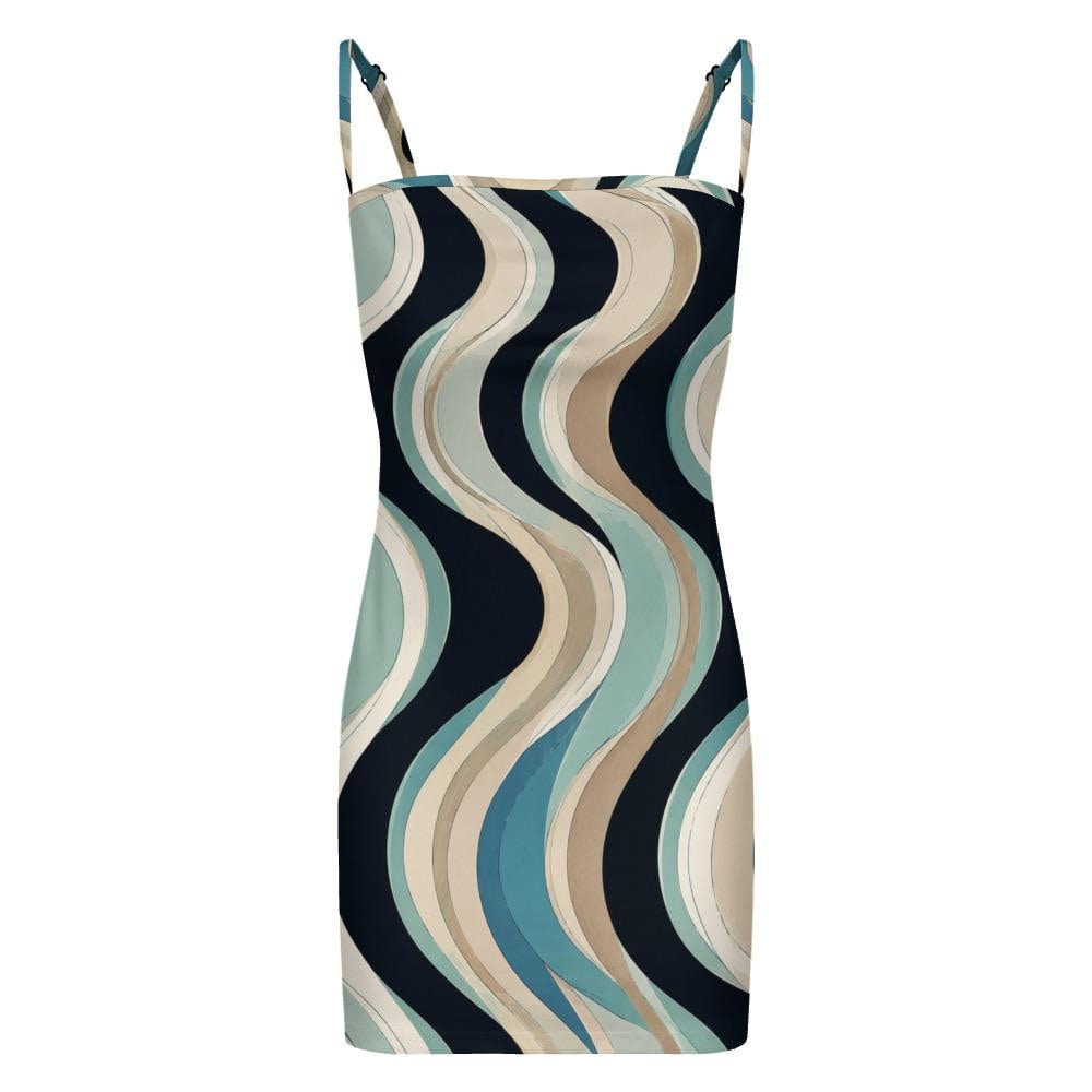 Navy Teal Retro Wave Mini Dress, Spaghetti Strap Bodycon Fit – image 13