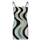 Navy Teal Retro Wave Mini Dress, Spaghetti Strap Bodycon Fit – image 13