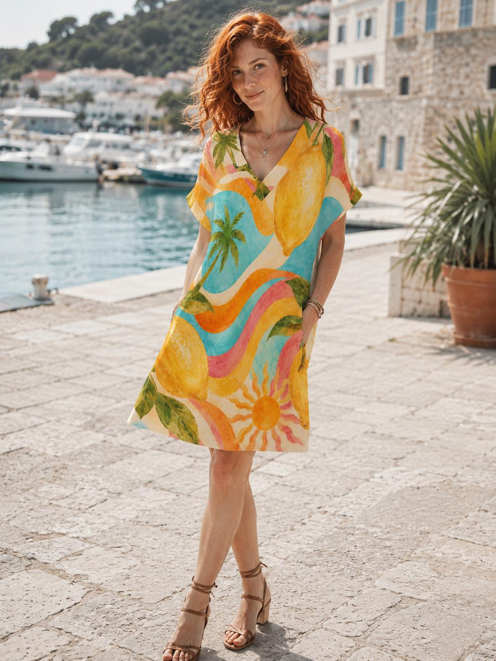 Mediterranean Lemon Print Shift Dress, V-Neck Short-Sleeve Mini – image 1