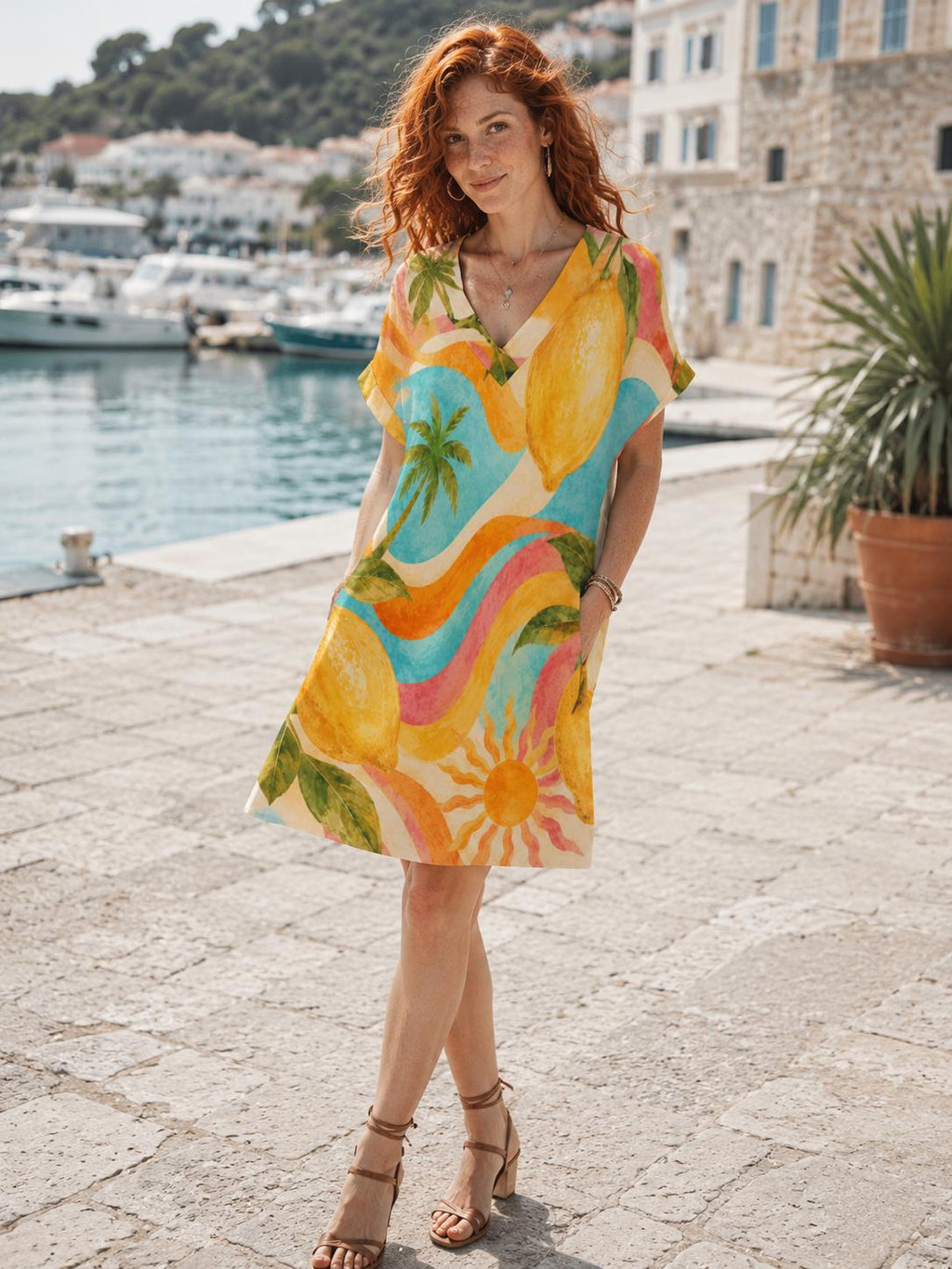Mediterranean Lemon Print Shift Dress, V-Neck Short-Sleeve Mini – image 1