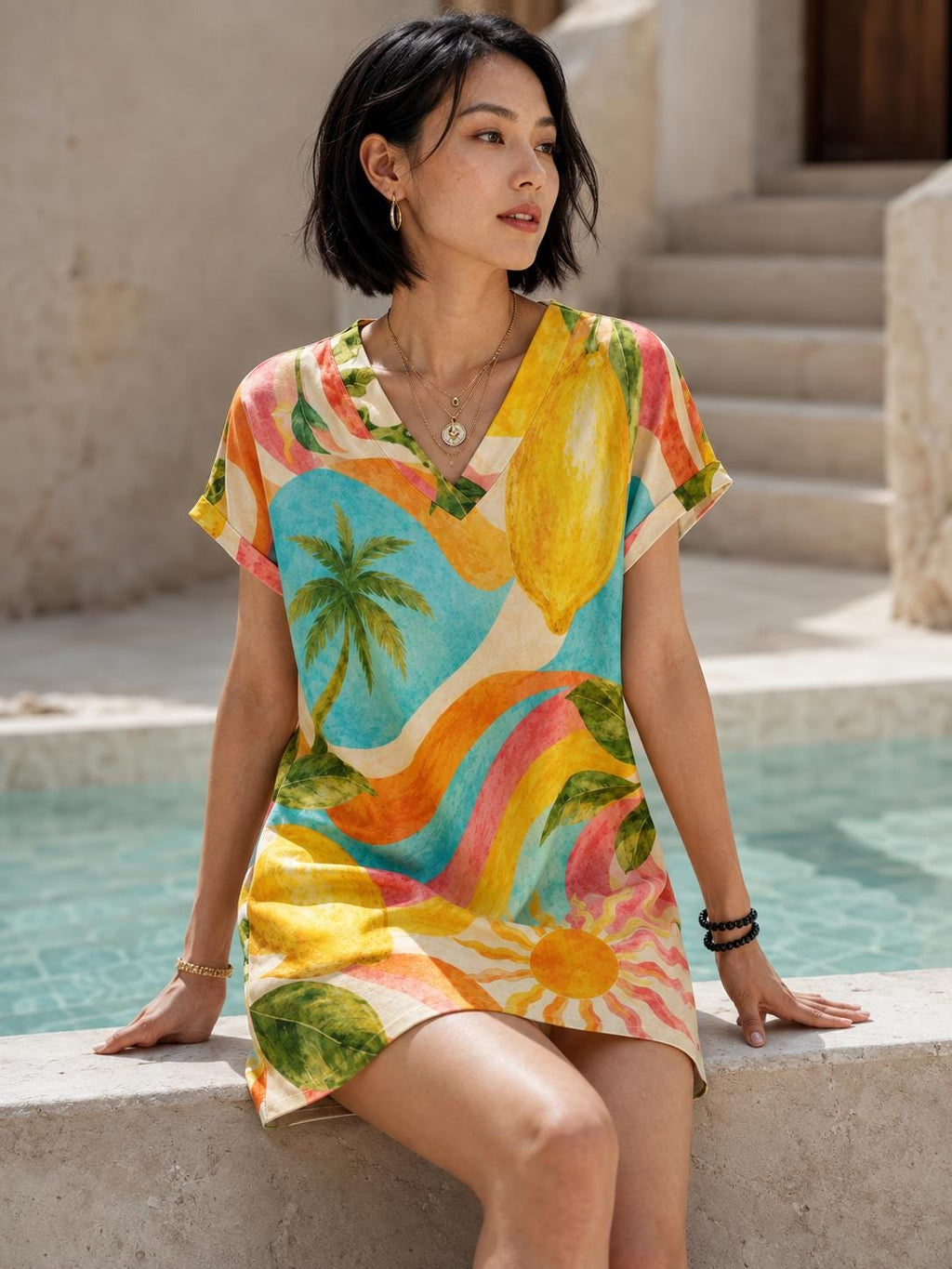 Mediterranean Lemon Print Shift Dress, V-Neck Short-Sleeve Mini – image 2