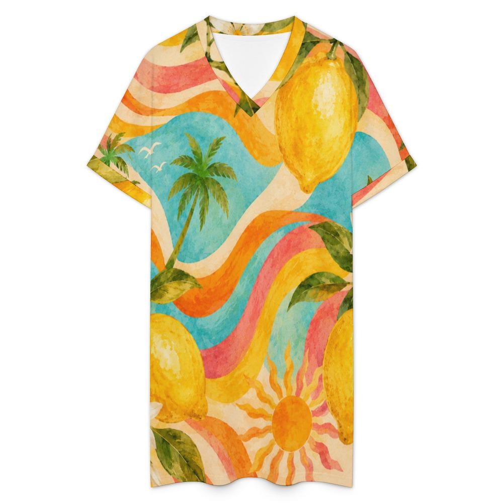 Mediterranean Lemon Print Shift Dress, V-Neck Short-Sleeve Mini – image 12