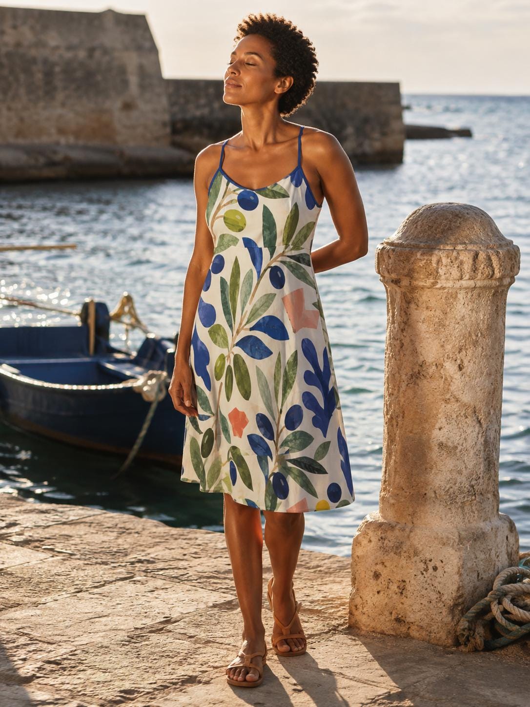Indigo Olive Print Cami Dress, Stretch Botanical Knee-Length Sundress – image 1