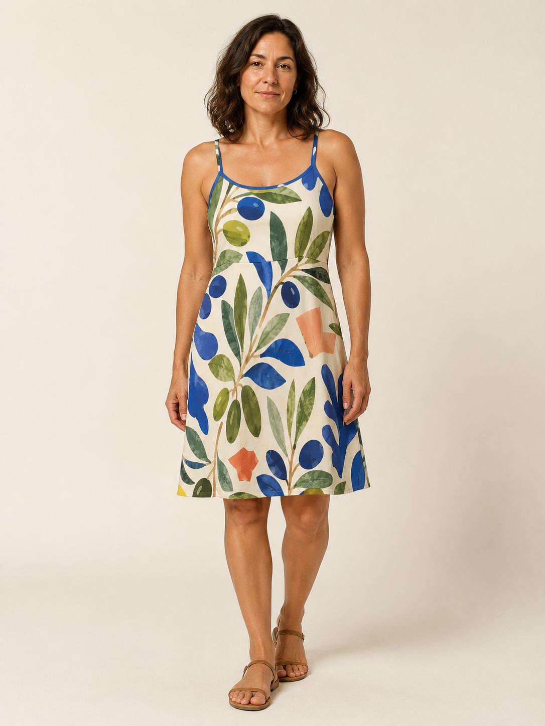 Indigo Olive Print Cami Dress, Stretch Botanical Knee-Length Sundress – image 2
