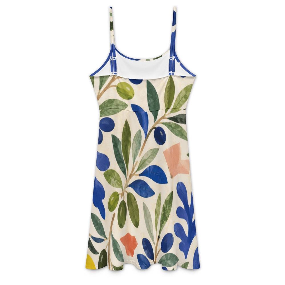Indigo Olive Print Cami Dress, Stretch Botanical Knee-Length Sundress – image 13