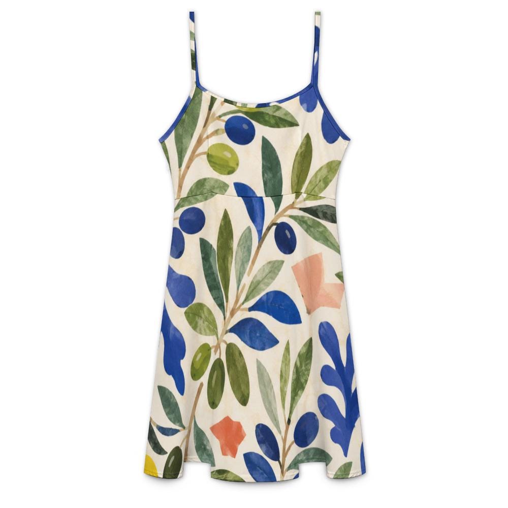 Indigo Olive Print Cami Dress, Stretch Botanical Knee-Length Sundress – image 14