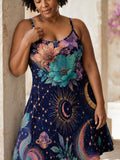 Celestial Floral Midi Dress, Navy Moon Star Whimsigoth Sundress – image 1