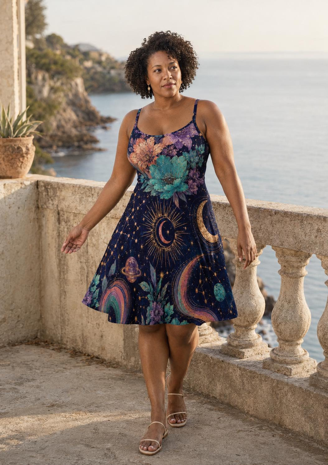 Celestial Floral Midi Dress, Navy Moon Star Whimsigoth Sundress – image 2