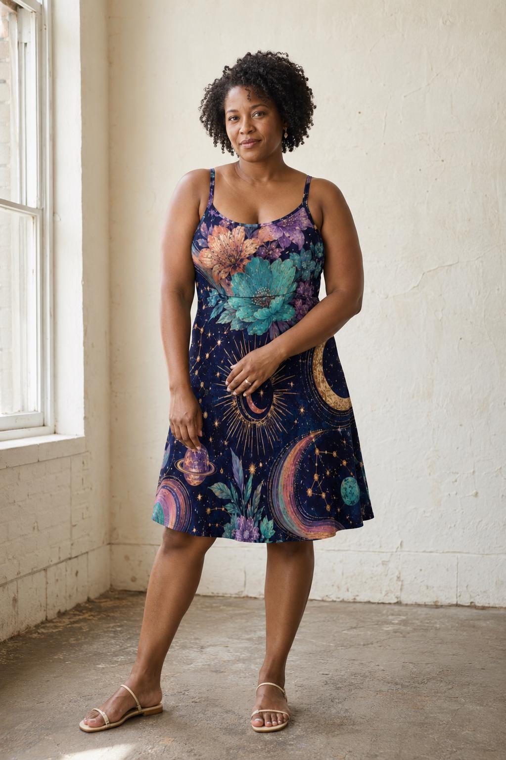 Celestial Floral Midi Dress, Navy Moon Star Whimsigoth Sundress – image 5