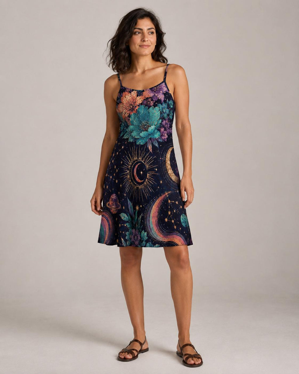 Celestial Floral Midi Dress, Navy Moon Star Whimsigoth Sundress – image 6