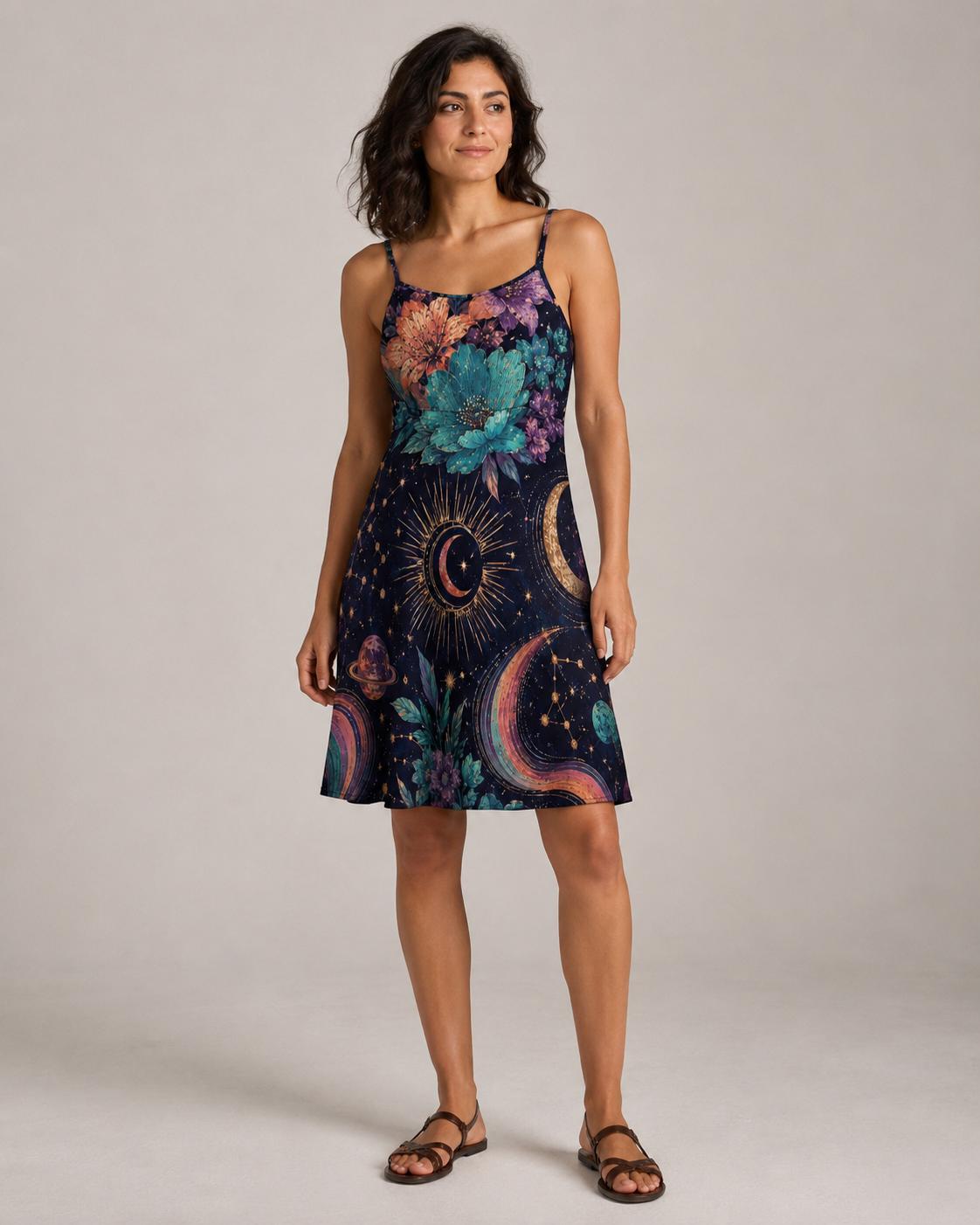 Celestial Floral Midi Dress, Navy Moon Star Whimsigoth Sundress – image 6