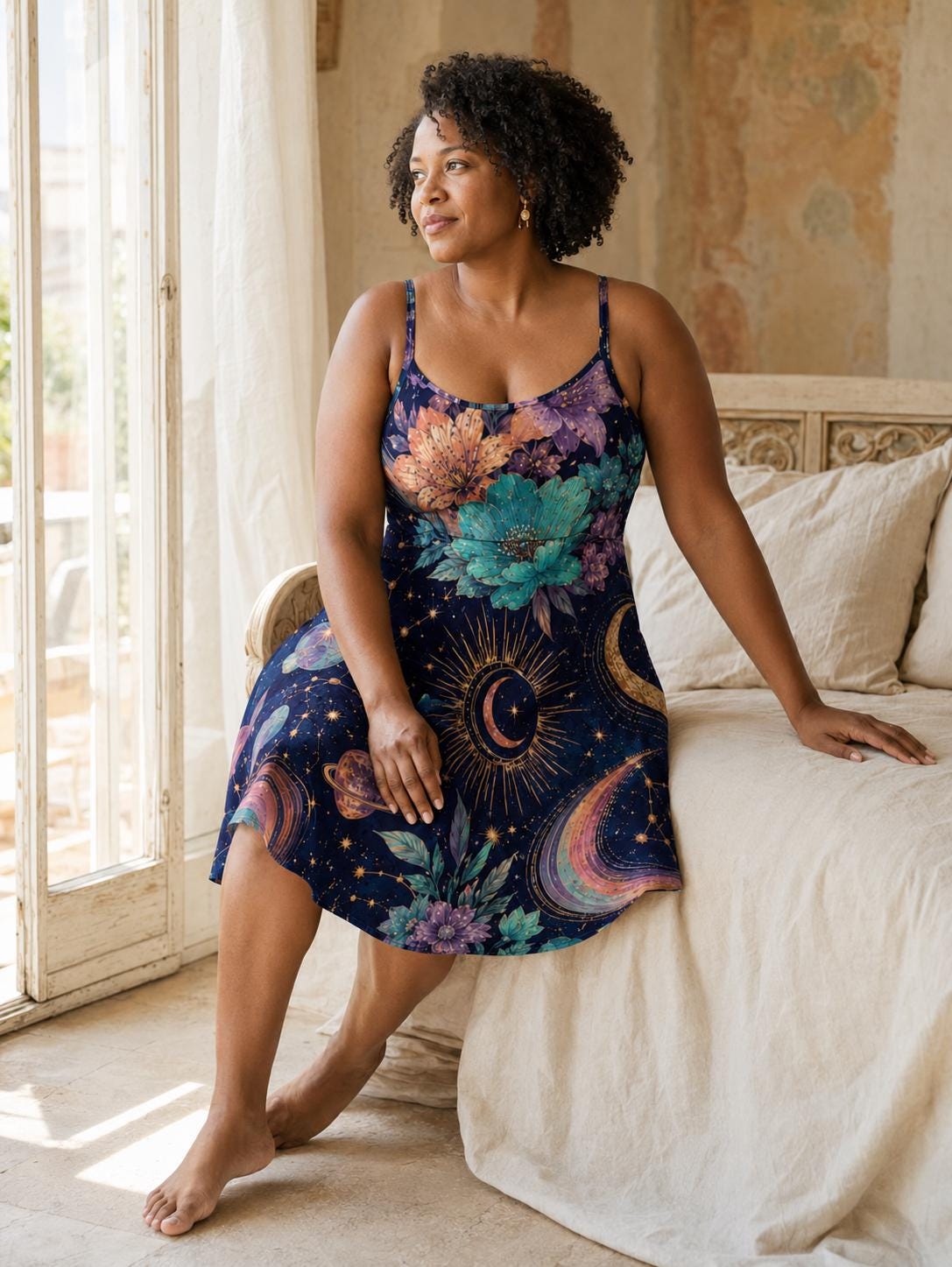 Celestial Floral Midi Dress, Navy Moon Star Whimsigoth Sundress – image 10