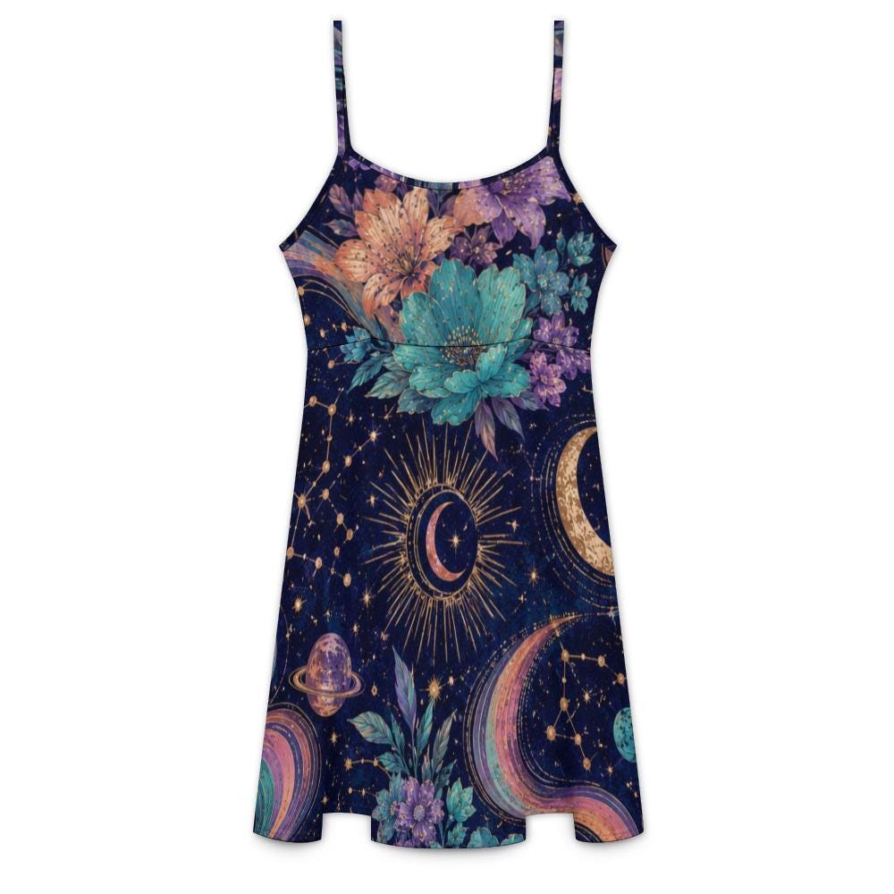 Celestial Floral Midi Dress, Navy Moon Star Whimsigoth Sundress – image 15