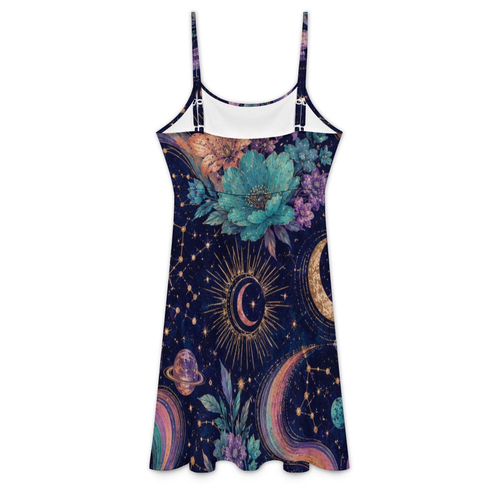 Celestial Floral Midi Dress, Navy Moon Star Whimsigoth Sundress – image 16
