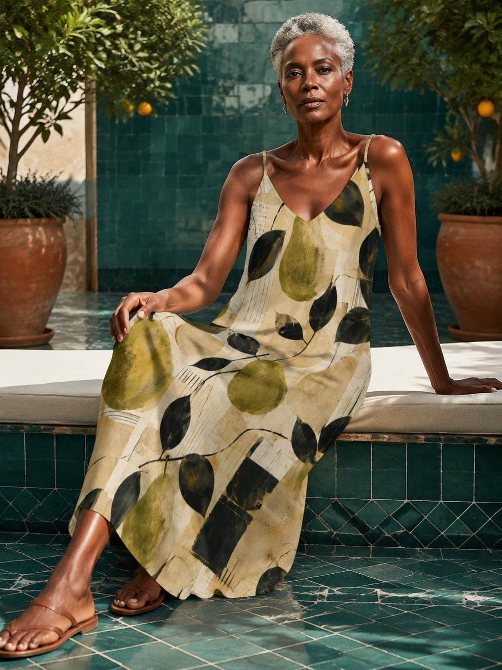 Pear Print Maxi Slip Dress, Olive Green Mediterranean Resort Wear – image 3