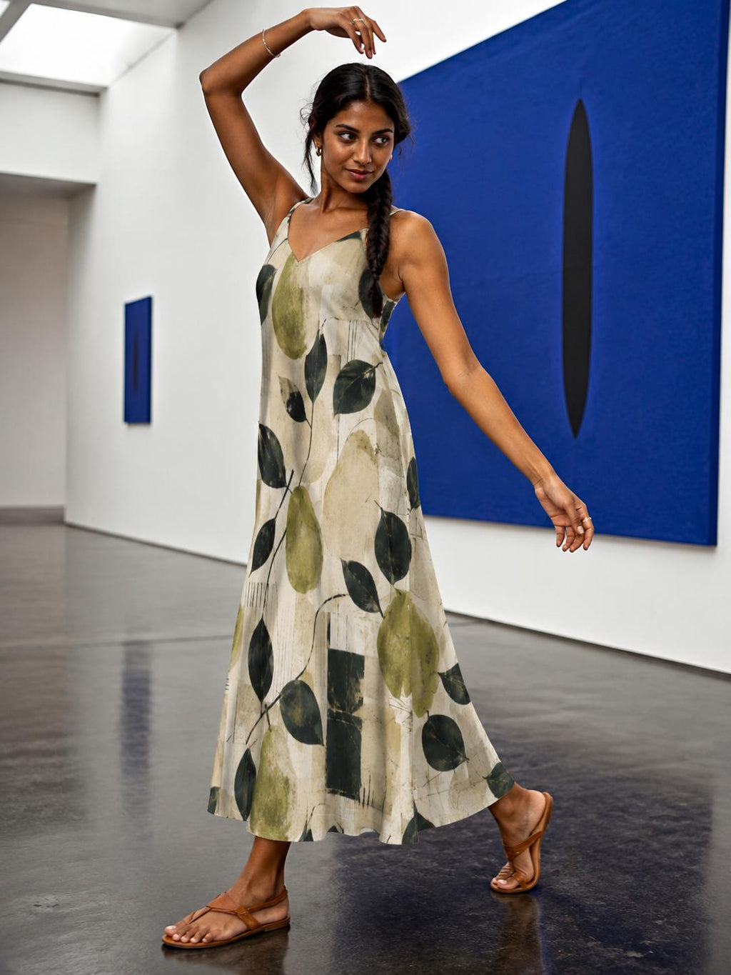 Pear Print Maxi Slip Dress, Olive Green Mediterranean Resort Wear – image 5