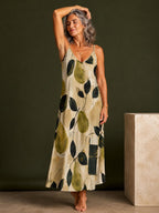 Pear Print Maxi Slip Dress, Olive Green Mediterranean Resort Wear – image 6