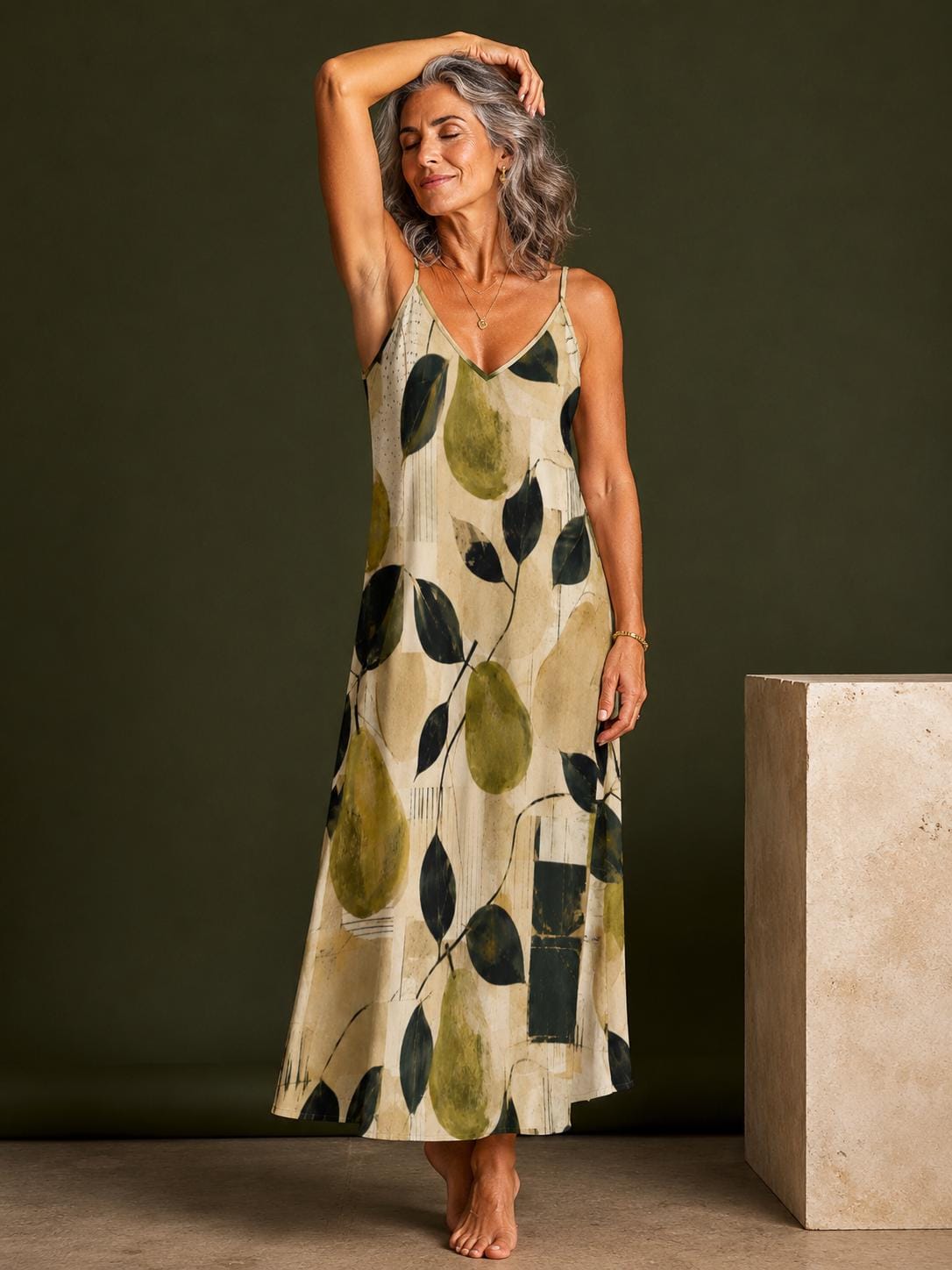 Pear Print Maxi Slip Dress, Olive Green Mediterranean Resort Wear – image 6