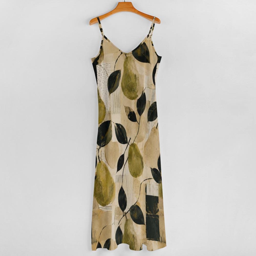 Pear Print Maxi Slip Dress, Olive Green Mediterranean Resort Wear – image 10