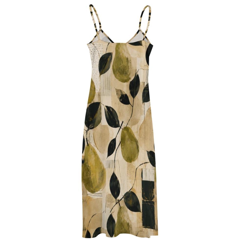 Pear Print Maxi Slip Dress, Olive Green Mediterranean Resort Wear – image 11