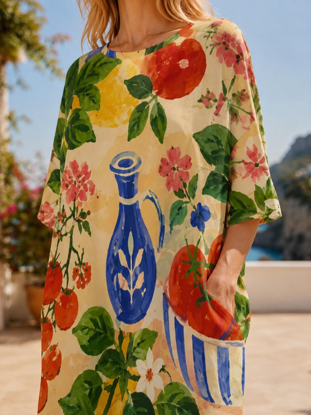 Tomato Print T-Shirt Dress, Mediterranean Oversized House Dress, Italian Summer Style