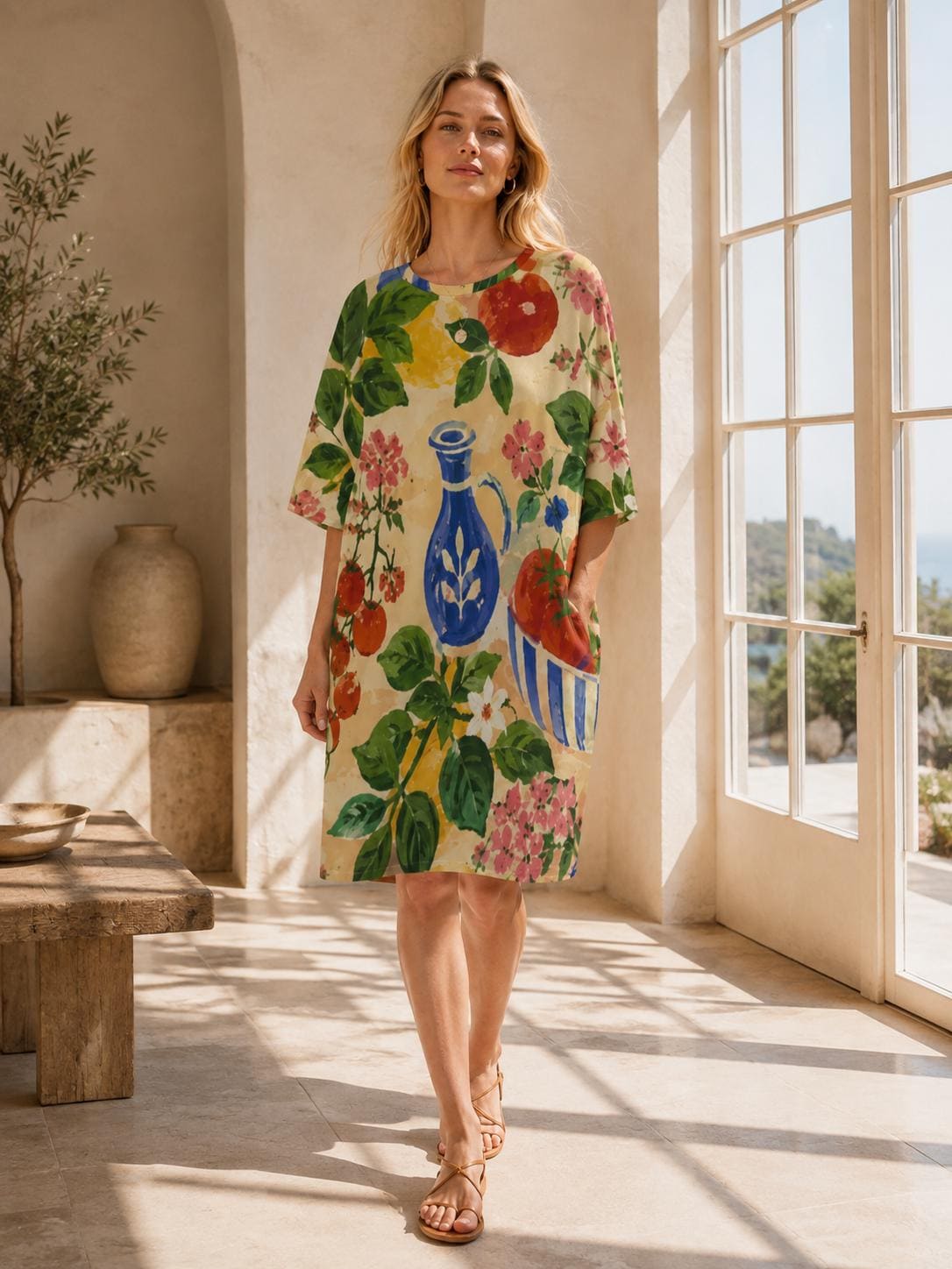 Tomato Print T-Shirt Dress, Mediterranean Oversized House Dress, Italian Summer Style