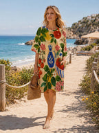 Tomato Print T-Shirt Dress, Mediterranean Oversized House Dress, Italian Summer Style