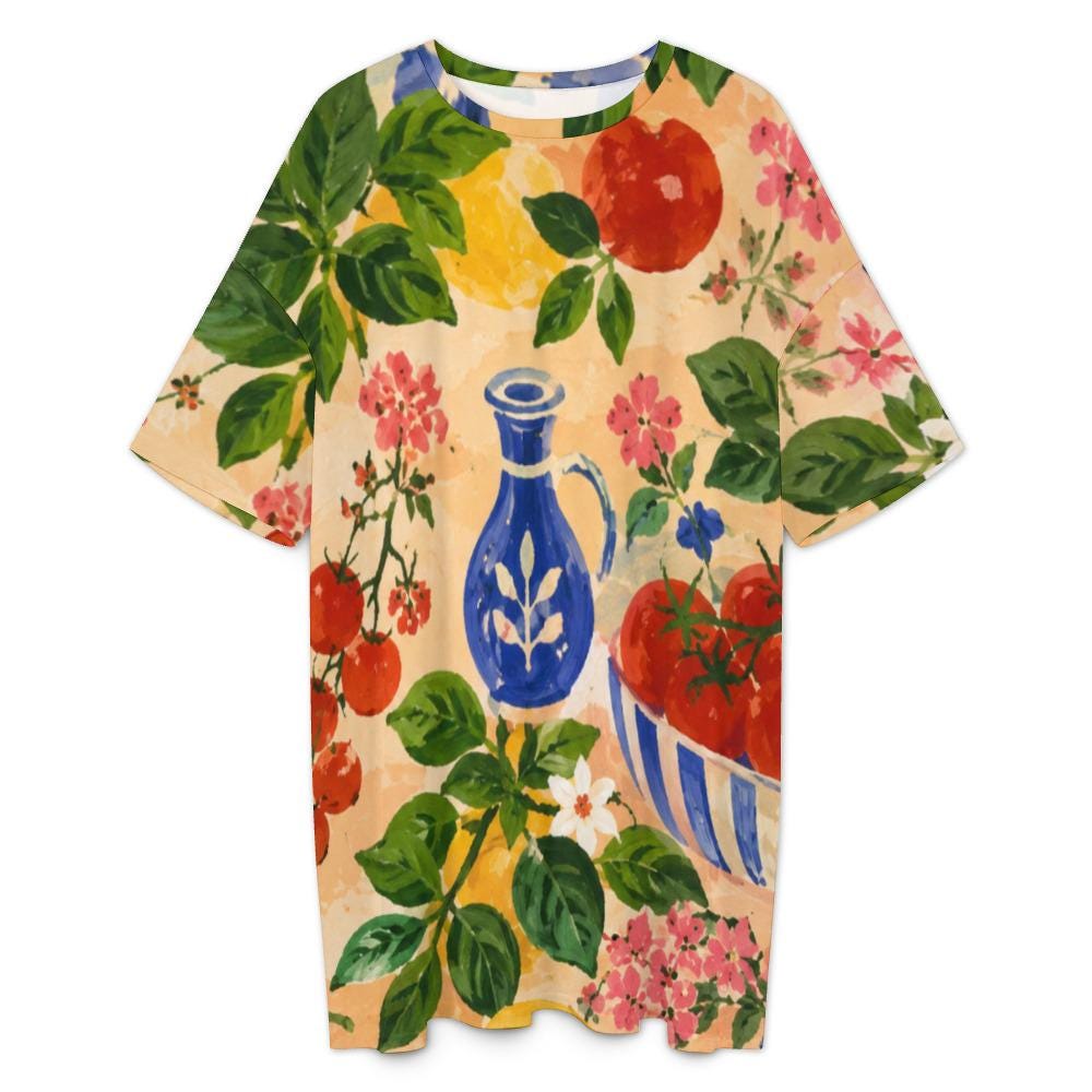 Tomato Print T-Shirt Dress, Mediterranean Oversized House Dress, Italian Summer Style