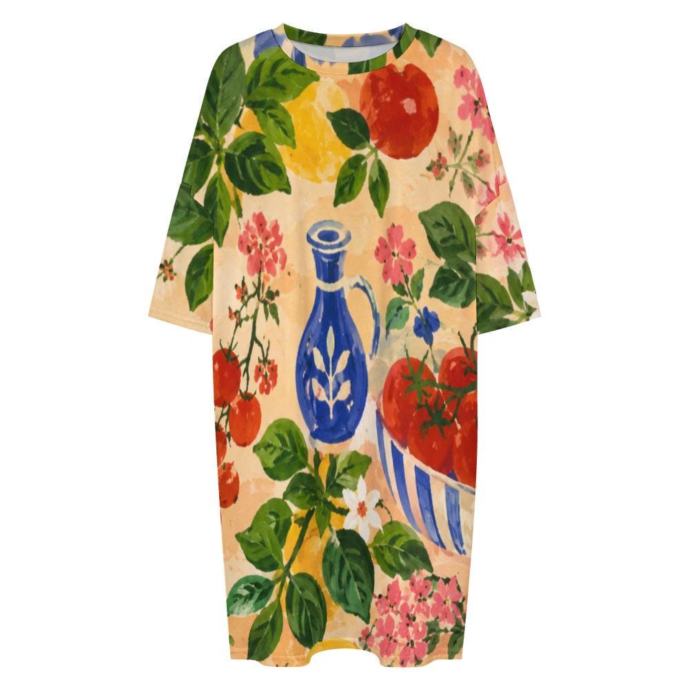 Tomato Print T-Shirt Dress, Mediterranean Oversized House Dress, Italian Summer Style