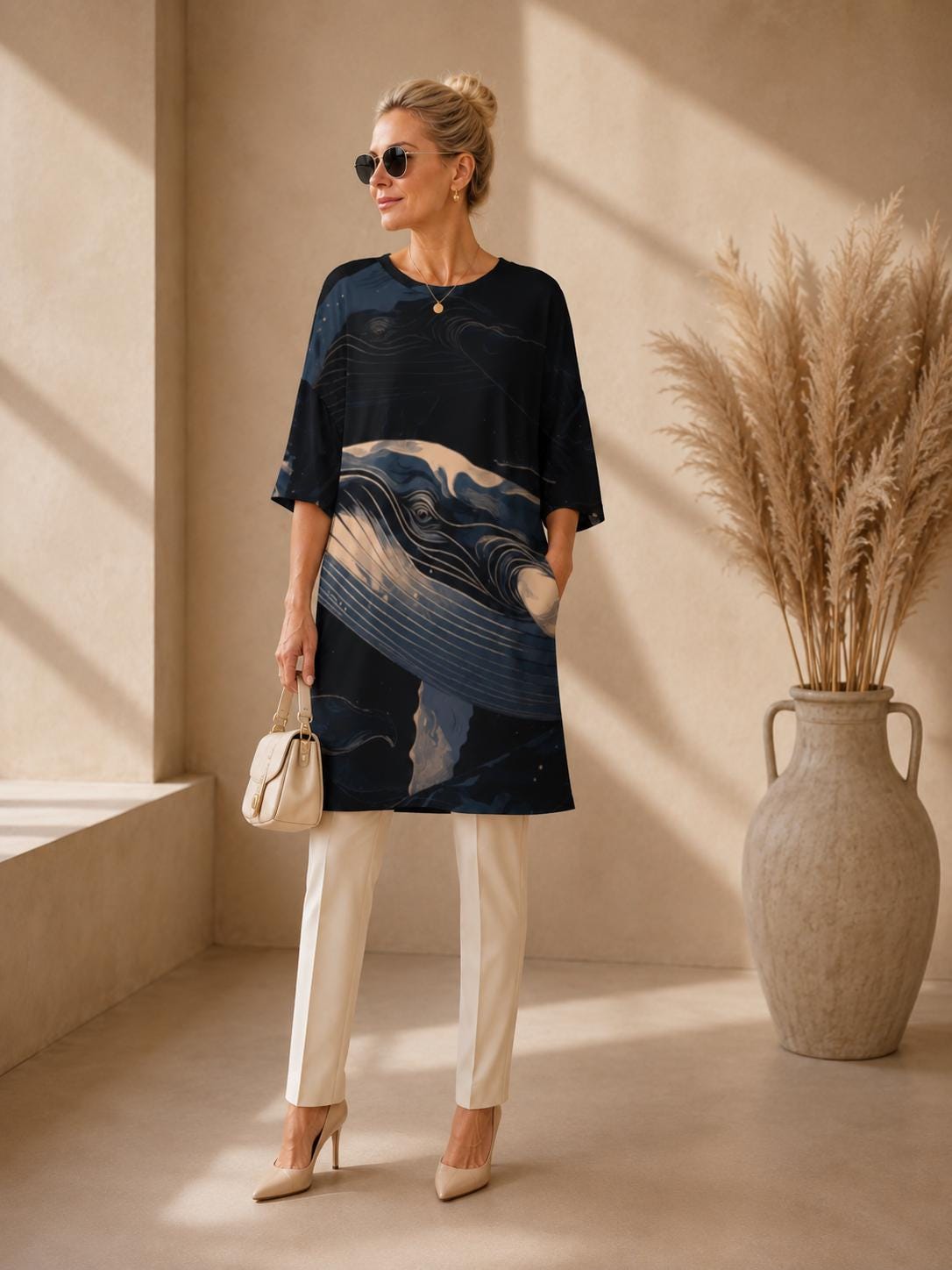 May include: A dark navy blue tunic featuring a large, stylized graphic print of a whale in shades of light blue and cream. The tunic has a round neckline, elbow-length sleeves, and a straight hemline, paired with cream-colored trousers and heels.