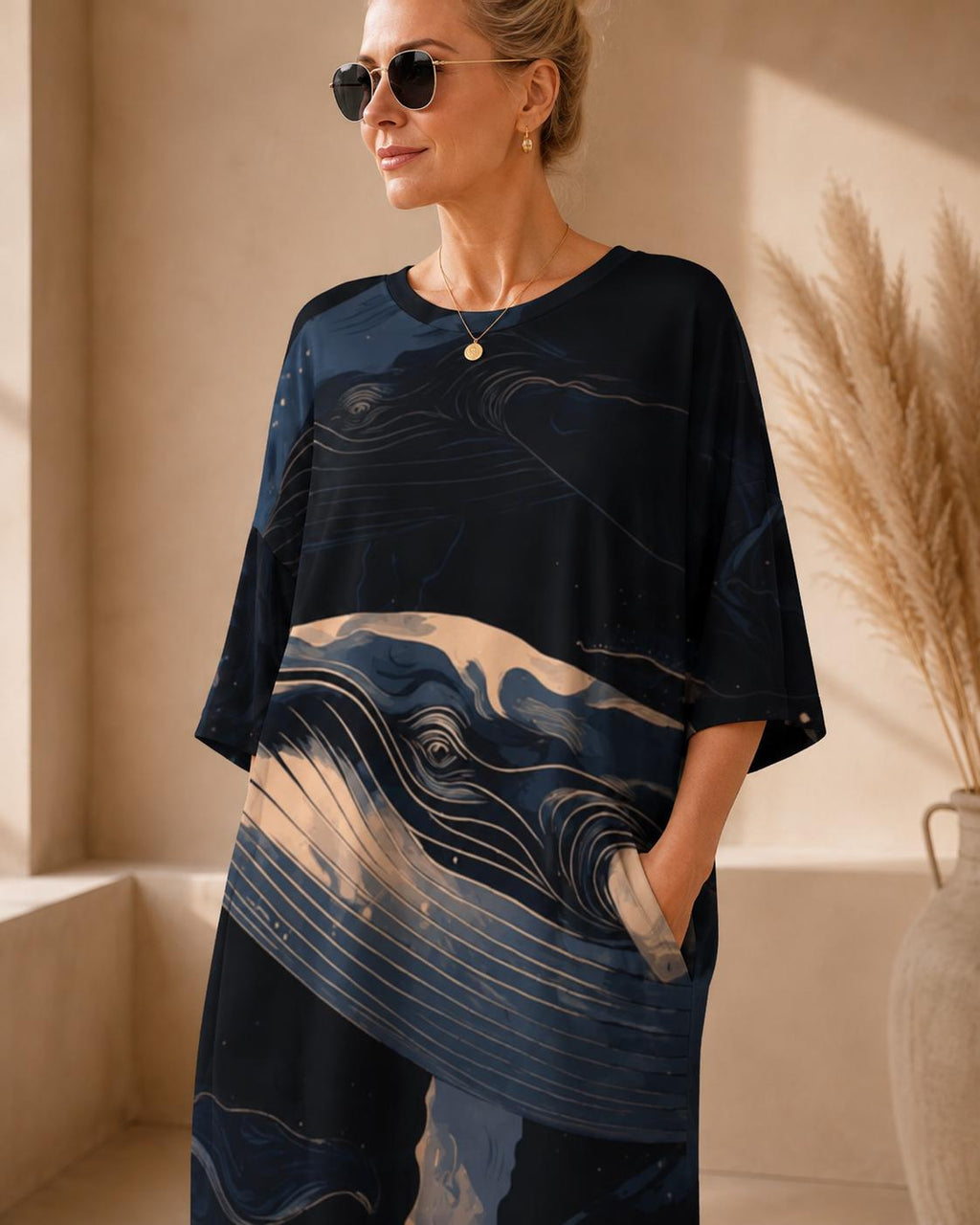 May include: A loose-fitting, short-sleeved dress featuring a dark navy blue base with a prominent graphic print of a whale. The design incorporates swirling, abstract lines in shades of light blue, cream, and white, creating a fluid, artistic pattern.