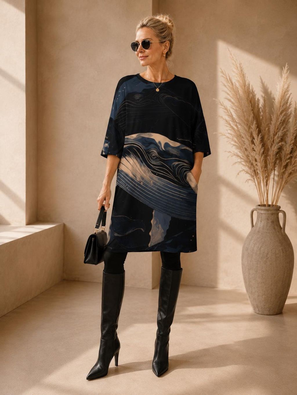 May include: A black knee-length dress featuring a graphic print of a whale in shades of blue, beige, and white. The dress has a round neckline, short sleeves, and side pockets. It is paired with black leggings, black knee-high boots, and a black handbag.