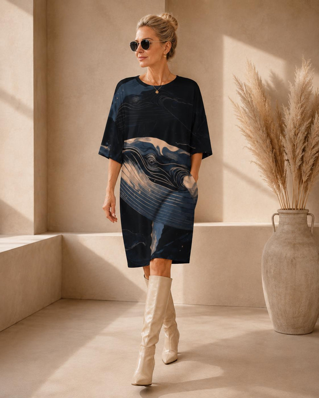 May include: A knee-length, short-sleeved dress in dark navy blue featuring a prominent abstract graphic print of a whale in shades of cream, light blue, and dark blue. The garment has a round neckline and a relaxed, straight-cut silhouette.