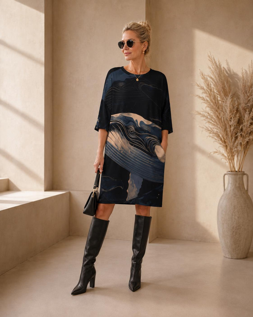 May include: A knee-length, short-sleeved dress in dark navy blue featuring a large, stylized graphic print of a whale in shades of light blue, cream, and dark blue. The dress has a round neckline and a loose, straight-cut silhouette.