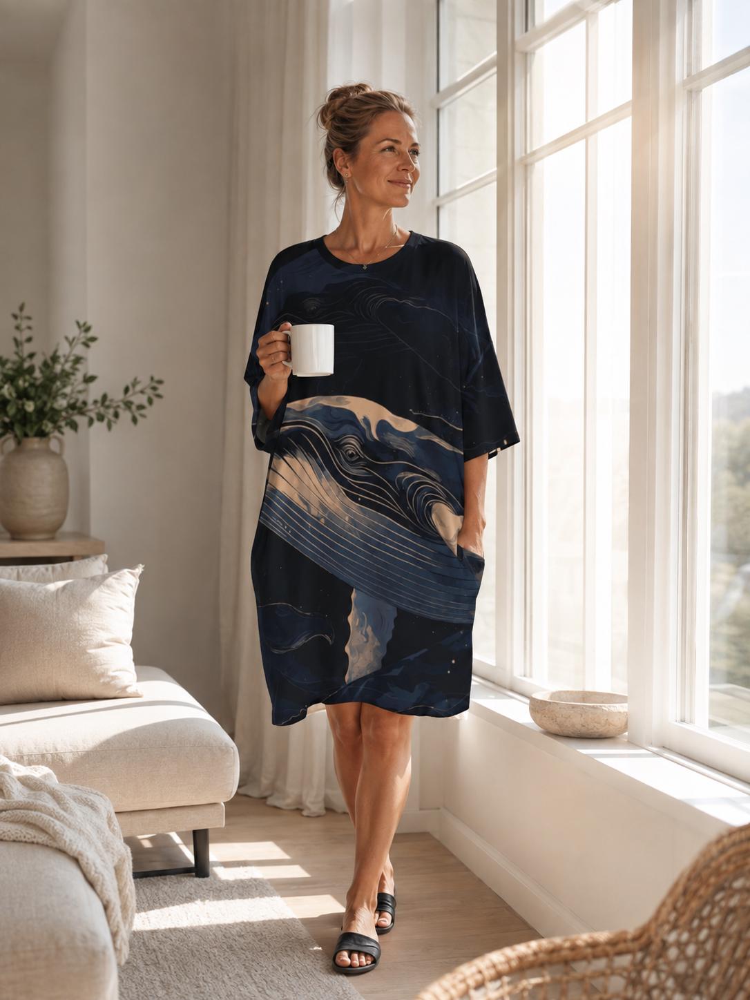 May include: A knee-length, short-sleeved dress in a dark navy blue hue, featuring a prominent abstract graphic print of swirling waves in shades of cream, light blue, and deep indigo. The garment includes a round neckline and side pockets.