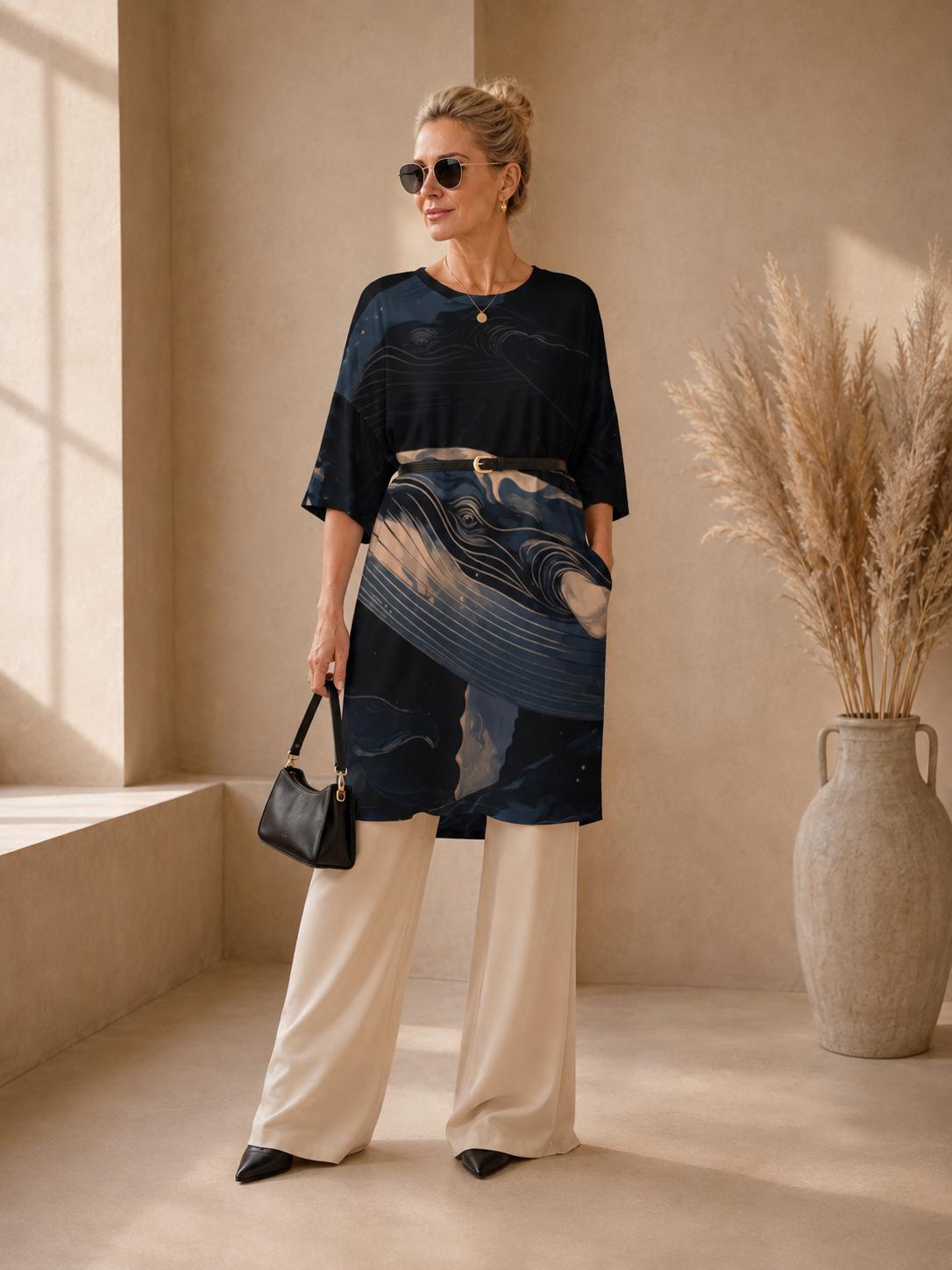 May include: A dark blue tunic featuring a whale graphic print, short sleeves, and a round neckline, paired with a thin black belt, cream-colored wide-leg trousers, and a small black handbag. The tunic has a loose fit and reaches mid-thigh.