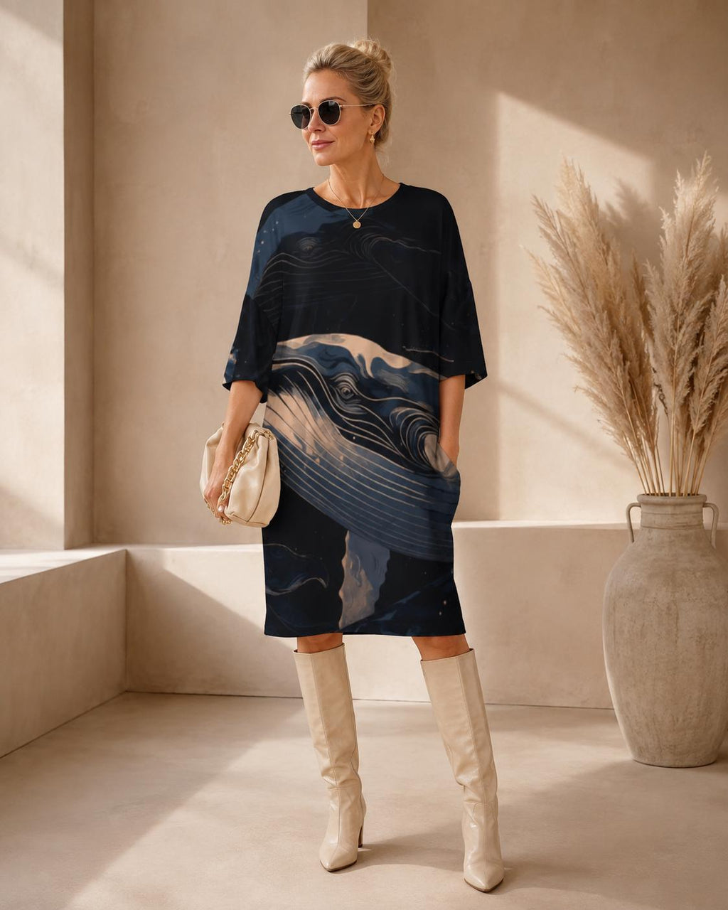 May include: A knee-length, short-sleeved dress in a dark navy blue hue, featuring a prominent graphic print of a whale on the front. The design incorporates swirling, abstract lines in shades of light blue, cream, and white, creating a fluid, artistic pattern across the fabric.