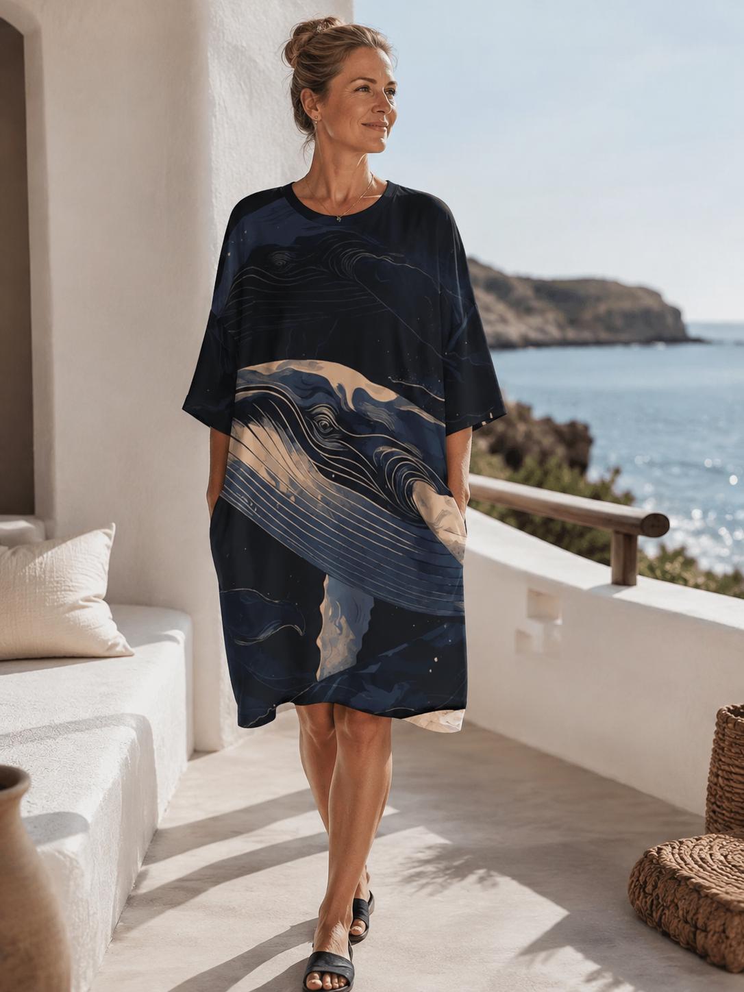 May include: A knee-length, short-sleeved dress in a dark navy blue hue, featuring a prominent graphic print of a whale swimming through stylized ocean waves. The design incorporates flowing lines in shades of cream, light blue, and deep indigo.