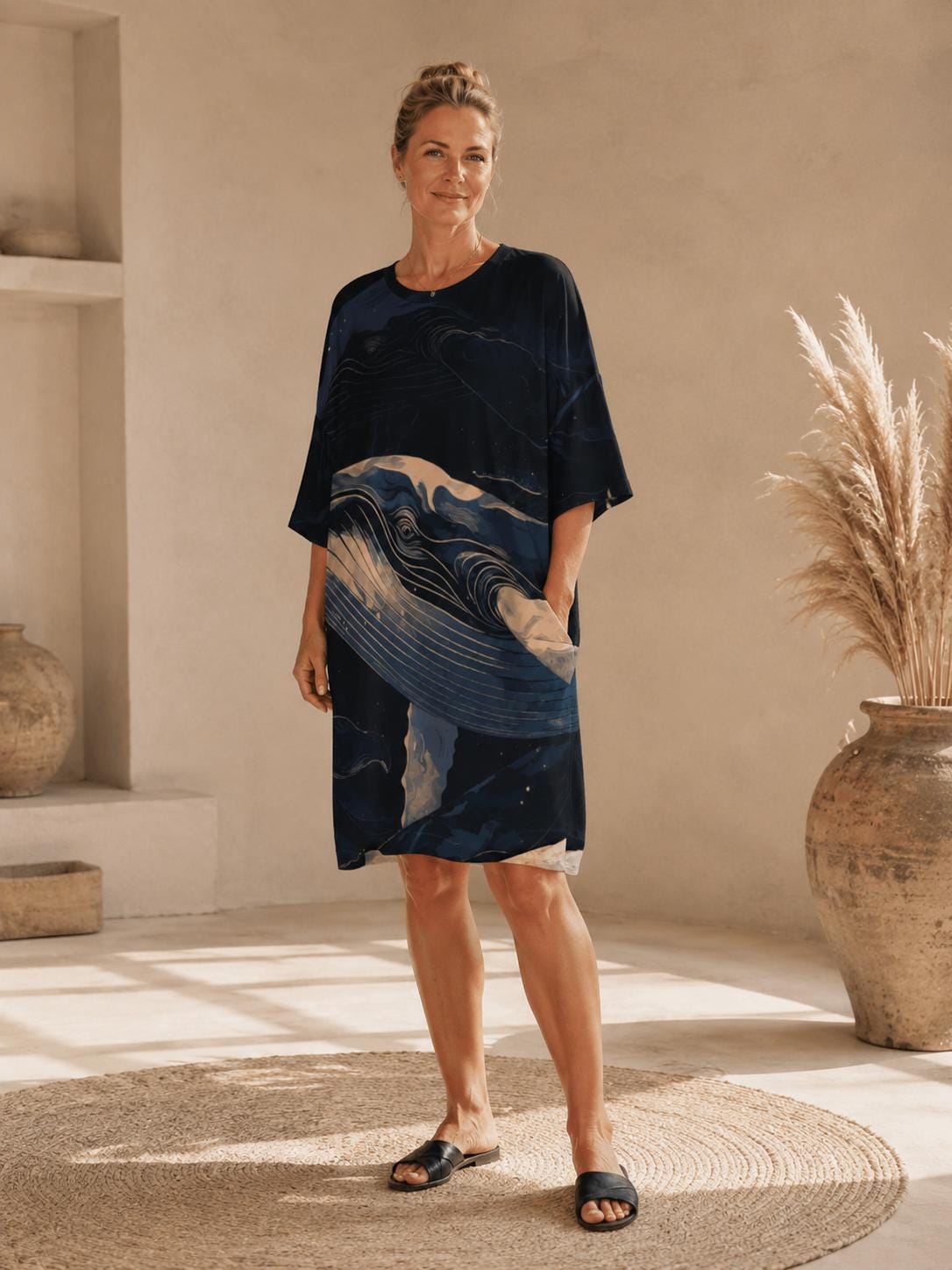 May include: A knee-length, short-sleeved dress in a dark navy blue hue, featuring a prominent graphic print of a whale in shades of light blue, cream, and white. The garment has a round neckline and a relaxed, straight-cut silhouette with side pockets.