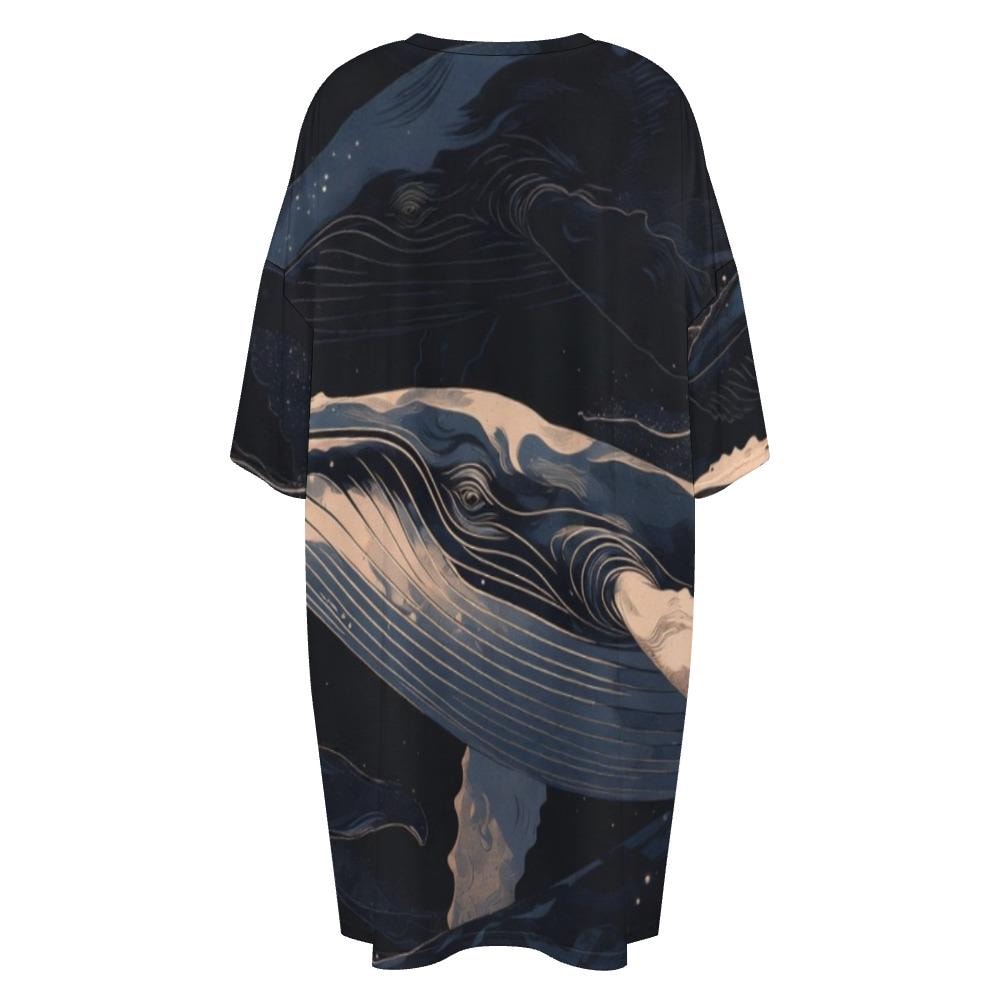 Oversized Whale Print T-Shirt Dress, Coastal Ocean Art Cover Up